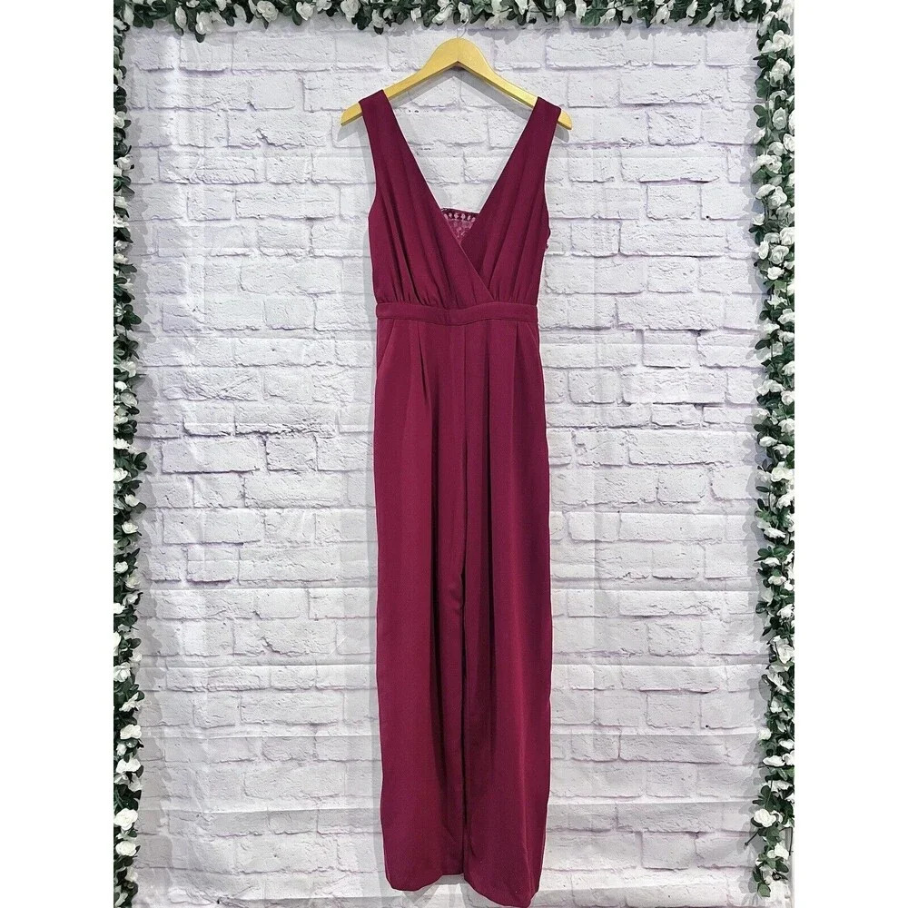 Lulu’s Women's Burgundy Kiska Lace Back‎ Wide Leg Jumpsuit side Pockets Medium - Picture 3 of 16